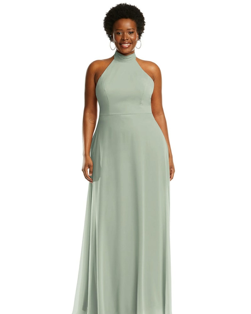 Front of a model wearing a size 22W High Neck Halter Backless Maxi Dress in Willow Green by After Six. | dia_product_style_image_id:266974